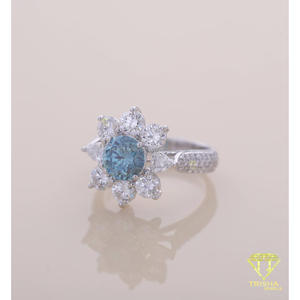 Blue Round Moissanite Floral Halo Engagement <b>Ring</b> in White <b>Gold</b> with Pave Diamond Band <b>Vintage</b> Flower Bridal Wedding <b>Ring</b> - Product Image 4