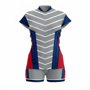 Conjunto de Uniforme de Voleibol Sublimado para Mujer, Gris, Azul y Rojo, Estampado Geométrico, Manga Corta, Ajustado, Absorbe la Humedad, Ropa para Todas las Temporadas - Product Image 1