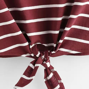 Women's Striped Crop <b>Top</b> O-Neck <b>Cap</b> <b>Sleeve</b> Loose Fit Knitted Casual Spring Summer Bow Detail - Product Image 3
