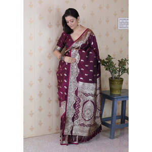 Sari en soie douce Banarasi de couleur vin avec un motif tissé en zari argenté, vêtements indiens et pakistanais, 650g - Product Image 2