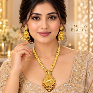 Conjunto de Collar Largo de Cobre y Latón Estilo Herencia con Colgante Bañado en Oro de 24K y Pendientes a Juego, Joyería Nupcial India para Bodas y Fiestas - Product Image 4