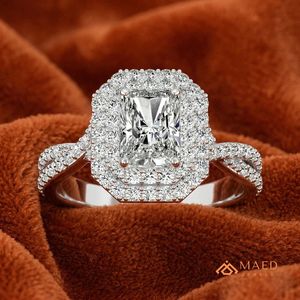 <b>Emerald</b> Cut Moissanite Double Halo <b>Silver</b> Engagement <b>Ring</b> for Women Bridal Jewelry Gift USA Luxury Fashion Anniversary Wedding - Product Image 4