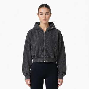 Women's Black Washed <b>Cropped</b> <b>Zip</b> <b>Up</b> <b>Hoodie</b> Fleece Sweatshirt Casual Hooded Jacket Custom Logo - Product Image 1