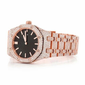 Montre de luxe entièrement sertie de moissanite, en acier inoxydable or rose, cadran noir, style diamant, étanche, fournisseur de montres-bracelets - Product Image 5