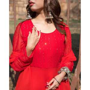 Ensemble Anarkali en Chiffon Rouge Royal à Manches Longues avec Ornements en Paillettes Taille XS - Product Image 3