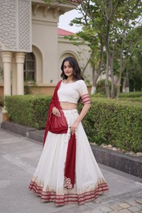 White Cotton <b>Lehenga</b> Choli Set With <b>Red</b> Dupatta Traditional Indian Wedding Wear For Women Floor Length Regular Fit - Product Image 4