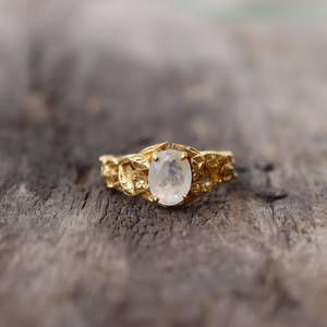 Nature Inspired Oval Moonstone Ring 925 Sterling Silver 14K Gold Plated Leaf Midi Ring Blue Fire Valentine Gift - Product Image 1