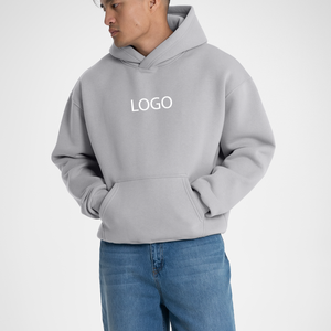 เสื้อฮู้ดดี้ทรงบ็อกซี่ สีเทา ผ้าฝ้ายฟลีซ 100% สำหรับผู้ชาย ทรงโอเวอร์ไซส์ ไหล่ตก สไตล์มินิมอล สตรีทแวร์ รับทำแบรนด์ตามสั่ง OEM - Product Image 2