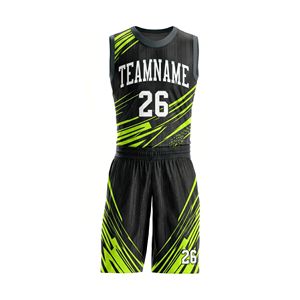 Tenue de basket-ball professionnelle pour hommes à sublimation haute contrastation, motif géométrique vif jaune et noir, kit de match - Product Image 4