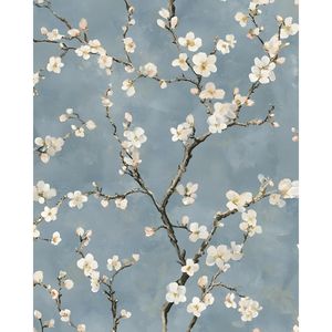 Carta da Parati Floreale Blu Boho Adesiva 44,2 cm x 300 cm Rami in Fiore e Fiori Bianchi Carta Adesiva Rimovibile con Foglie di Alberi - Product Image 1