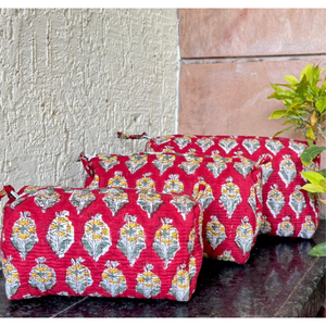 Red Yellow Hand Block Print Quilted Floral Cotton Cosmetic Bag Set Portable Zip Closure PVC Lining Durable Travel Storage Gift - Product Image 1