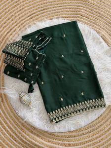 Sari de Seda Verde Esmeralda con Bordado Dorado, Traje Tradicional de Boda para Mujer, Estilo Étnico de India y Pakistán, para Todas las Temporadas - Product Image 2