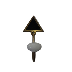 Geometric Triangle Brass Wall <b>Hook</b> Modern Decorative Metal <b>Coat</b> Peg with <b>White</b> Ceramic Knob and Black Inlay - Product Image 1
