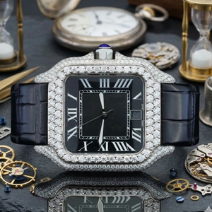 Top Rating <b>Square</b> Case Only Bezel Moissanite Diamond Black Leather Band Roman Numerals Fashion <b>Man's</b> Half Iced out Jewelry - Product Image 1