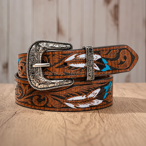 2026 New Design Western Cowboy Leather <b>Belt</b> for Men & Women Vintage Brown Floral Carved Feather Pattern <b>Belt</b> with <b>Silver</b> <b>Buckle</b> - Product Image 3