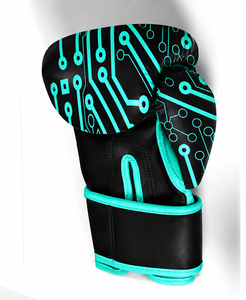 Gants de boxe IBERIA Premium noirs avec accent cyan en cuir PU, gants d'entraînement, logo personnalisé, équipement sportif en gros OEM - Product Image 3