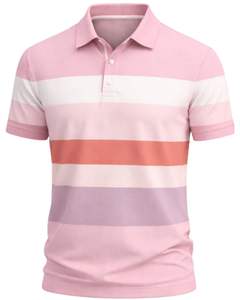 Camiseta Polo de Algodón para Hombre, Personalizada, con Rayas Rosas y Multicolores, Corte Clásico, Manga Corta, Informal, para Verano, Fabricante, Suministro al por Mayor - Product Image 1