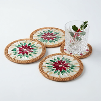 Ensemble de dessous-de-verre en rotin fait main, rond, incrusté de nacre, motif floral, style bohème, pour boissons