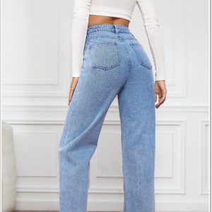 Vaqueros de mezclilla de cintura alta y pierna ancha para mujer, corte holgado, azul lavado a la piedra, pantalones casuales de longitud completa con cinturón, estilo otoñal - Product Image 1