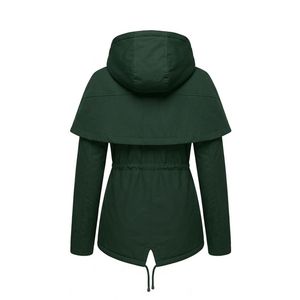 Veste parka pour femme en gros avec capuche profonde en polaire thermique, taille à cordon de serrage, manches vert forêt et capuche à rabat anti-vent - Product Image 3