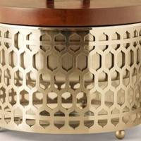 Plat de service rond en acier inoxydable de luxe, finition satinée or champagne, découpe laser, motif arche islamique Jali, pour buffet (vente en gros)