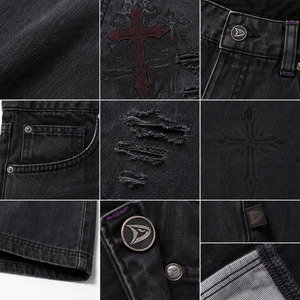 Gothic Cross Denim Jorts Light Wash Black Baggy Y2K Streetwear Summer Woven Mid Waist <b>Red</b> Embroidery Low MOQ Wholesale - Product Image 5