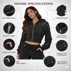 Customizable Rhinestone Angel Wing Cropped Zip Hoodies Women Custom Embellished Streetwear Slim Fit Hooded Jacket Boutique Style - Product Image 6