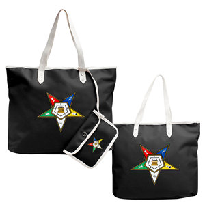 Eastern Star Masonic <b>Black</b> Tote <b>Bag</b> with Zipper Closure | Custom Logo Waterproof Shopping <b>Bag</b> for Unisex Use - Product Image 1