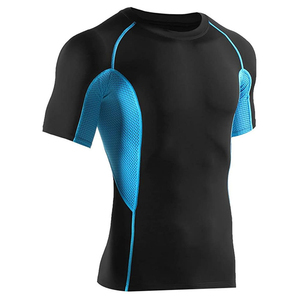 T-shirt de sport pour homme, noir et bleu, à manches courtes, col rond, séchage rapide, respirant, coupe ajustée, en polyester tricoté, vêtements de sport - Product Image 1