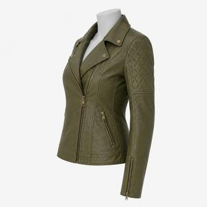 Veste de moto en cuir de vache vert olive pour femme, coupe-vent, manches longues, fermeture éclair matelassée, col ouvert, longueur normale, style hiver - Product Image 2