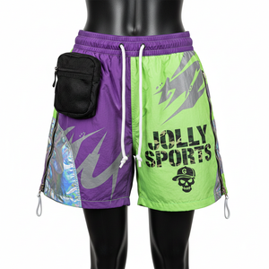 Shorts cortavientos de poliéster taslan premium de 135 GSM, morados con paneles verdes, bolsillos cargo de malla, sublimación, logotipo personalizado, shorts para mujer - Product Image 1