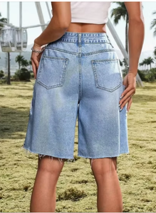 Shorts de mezclilla de cintura alta con parches de estrellas, azul claro, casuales, de verano, para mujer, transpirables, lavados con piedras, de corte holgado - Product Image 3
