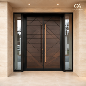 Portes d'entrée doubles contemporaines en bois massif avec design géométrique et panneaux latéraux en verre, porte extérieure - Product Image 1