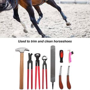 Kit de herramientas para el cuidado de pezuñas de caballo: martillo de herrador, alicates, lima, cuchillo, cepillo para recortar y limpiar herraduras, juego de herramientas para el cuidado de pezuñas - Product Image 1