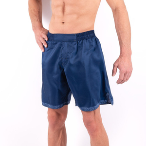 Shorts de bain pour homme, bleu marine uni, taille élastique, séchage rapide, tissu satiné, vêtements de bain décontractés - Product Image 1