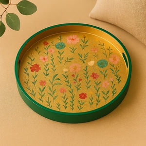 Bandeja Redonda de Esmalte Floral con Grabado, Diseño Contemporáneo, Borde Verde, Tono Dorado, para Fiestas, Mesa de Comedor, Decoración de Tocador - Product Image 5