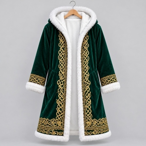 Manteau à capuche vert de haute qualité pour homme et femme avec broderie dorée, bordure en fausse fourrure, longueur genou, veste d'hiver - Product Image 1