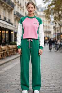 Women's Green <b>Pink</b> Color Block Crewneck <b>Sweatshirt</b> And Drawstring Joggers Tracksuit Set - Product Image 6