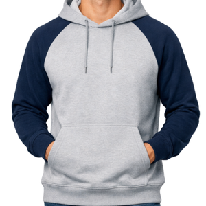<b>Top</b> selling Grey and <b>Navy</b> Blue Raglan Hoodie Wholesale OEM Pullover Two-Tone Contrast Sleeve Baseball Style Hooded Sweatshirt - Product Image 2