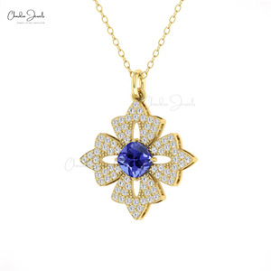 Luxury 5MM Cushion Cut Blue Tanzanite Gemstone Floral <b>Pendant</b> 14k <b>Solid</b> <b>Gold</b> Diamond <b>Pendant</b> Fine Jewelry at Manufacturing Price - Product Image 2