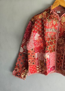 Vintage Patchwork <b>Quilted</b> Jacket Mandarin Collar Cotton Bamboo Fiber Unisex Autumn Loose Fit <b>Single</b> Button Red Patterned Design - Product Image 2