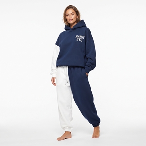 Ensemble de survêtement décontracté pour femme en molleton de coton épais, bicolore, coupe oversize, avec sweat à capuche à épaules tombantes et pantalon de jogging à manches longues - Product Image 5