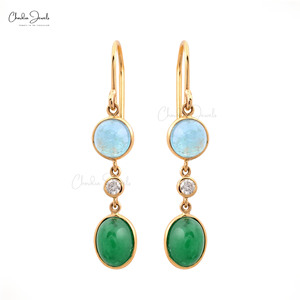 <b>Top</b> Quality 14K Yellow Gold Three Stone Dangling <b>Earrings</b> for Women Natural Aquamarine Diamond Emerald Earwire <b>Earrings</b> Supplier - Product Image 3