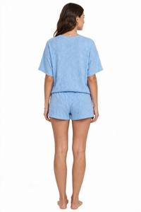Conjunto de Top de Manga Corta y Pantalones Cortos de Punto Acanalado Azul Claro para Mujer, Ropa Casual de Verano de 2 Piezas - Product Image 2