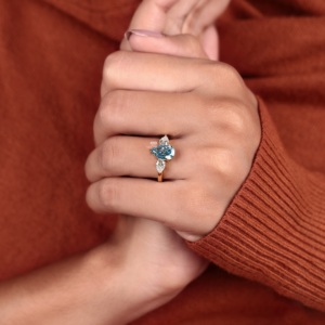 2.40 TW Blue Color Pear Diamond Lab Grown Diamond Three <b>Stone</b> Engagement <b>Ring</b> 14K Yellow Gold Anniversary Wedding Jewelry - Product Image 5
