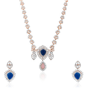 Collar de oro rosa de 14 quilates al por mayor, 33.55 gramos, con piedra azul tallada, halo de diamantes reales, combo de gargantilla y pendientes, exportador, fábrica mayorista - Product Image 1