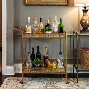 Luxury Iron Bar Cart with Gold Finish Glass Shelves Rolling <b>Serving</b> <b>Trolley</b> Home Bar Kitchen Dining Home Hotel Restaurant Decor - Product Image 4