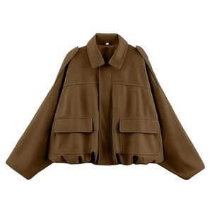 Veste chemise de travail en PU pour homme, manches chauve-souris, col rabattu, couleur unie, coupe courte et ample, vêtement d'extérieur d'automne avec poches - Product Image 1
