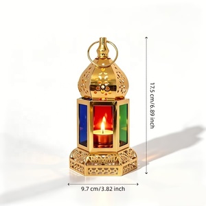 Imperial <b>Gold</b> Metal Moroccan <b>Lantern</b> with Multicolor Glass Panels Decorative Candle Holder for Ramadan Home Table Decor - Product Image 6