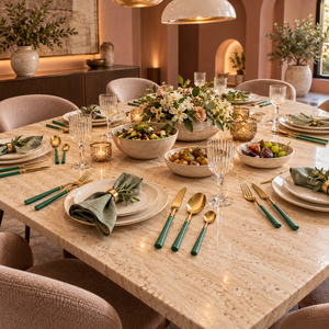 Juego de Cubiertos de Oro Verde Esmeralda de 4 Piezas, Utensilios de Comedor |   Cuchillo dentado, cuchara de mesa, tenedor, cuchara para servir, vajilla decorativa - Product Image 4